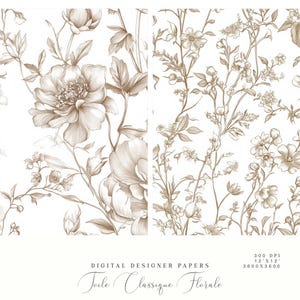 May include: Two digital paper designs featuring brown floral patterns on a white background. The designs are seamless and can be used for a variety of projects, such as scrapbooking, card making, and digital invitations. The text "Jule Classique Florale" is included in the image.