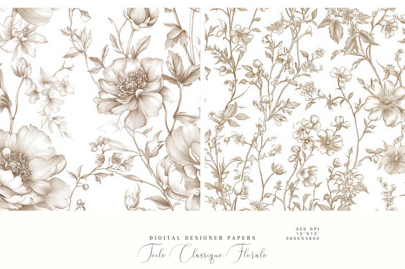 May include: Two digital paper designs featuring brown floral patterns on a white background. The designs are seamless and can be used for a variety of projects, such as scrapbooking, card making, and digital invitations. The text "Jule Classique Florale" is included in the image.