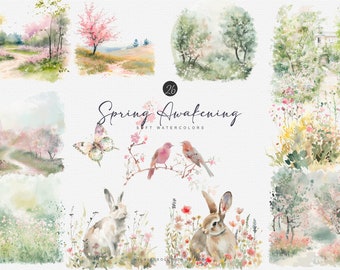 watercolor spring clipart - spring sceneries - spring art - spring field - spring animal - watercolor bird - spring country clipart png