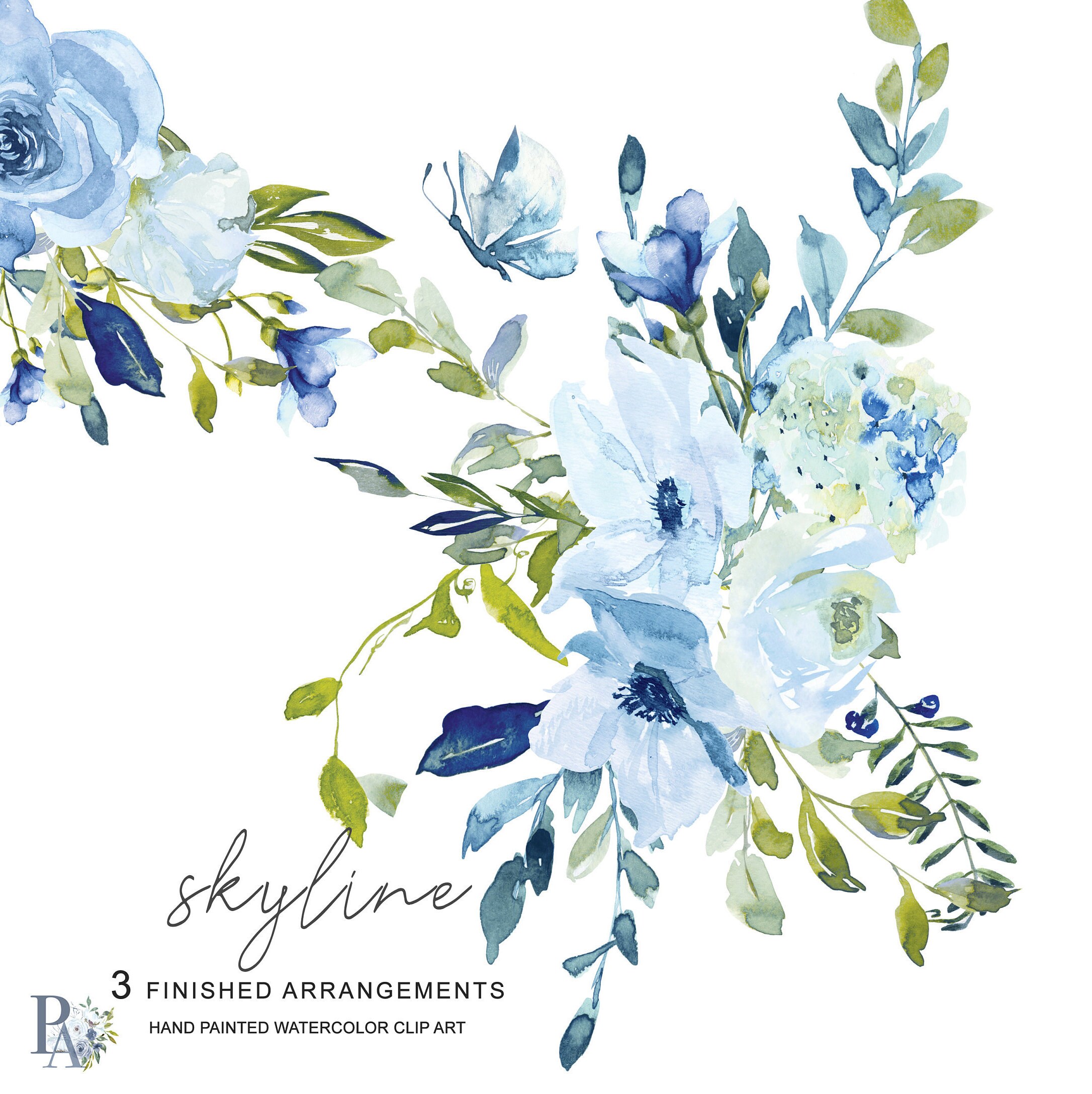 Skyline* Light Blue Turquoise Floral Clipart Watercolor Hydrangea Cli…
