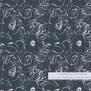 May include: A seamless pattern featuring white floral designs on a dark blue background. The pattern is made up of stylized roses and leaves.