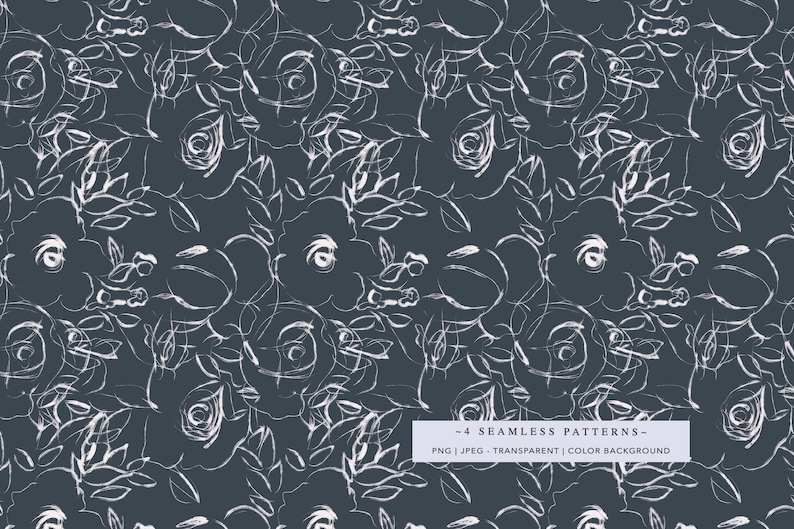 May include: A seamless pattern featuring white floral designs on a dark blue background. The pattern is made up of stylized roses and leaves.