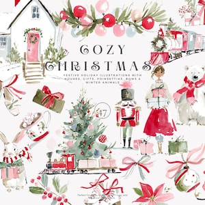 cozy christmas watercolor clipart set with nutcracker, winter animals, houses & holiday gifts, christmas decor, holiday clipart, christmas