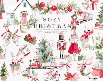 Gemütliches Aquarell Clipart Set mit Nussknacker, Wintertiere, Häuser & Weihnachtsgeschenke, Weihnachtsdeko, Urlaub Clipart, Weihnachten