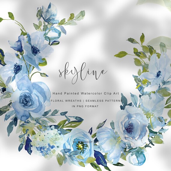 Light Blue Turquoise Flowers Wreath Collection Seamless Etsy