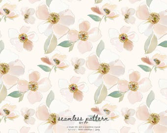 Puede incluir: Patrón floral continuo en acuarela con flores rosas y blancas suaves, centros dorados y hojas verdes. El texto "seamless pattern by PP" está en la parte inferior. El patrón es una sola baldosa y se repite a 30,48 cm x 30,48 cm.