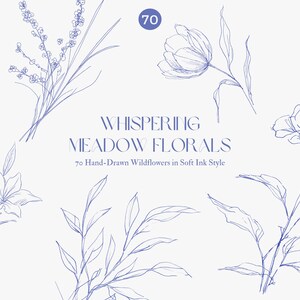 Puede incluir: Ilustraciones florales dibujadas a mano en tinta azul, incluyendo lavanda, lirios y un tulip&aacute;n. La imagen presenta el texto "Whispering Meadow Florals" y el n&uacute;mero 70. El estilo es suave y delicado.