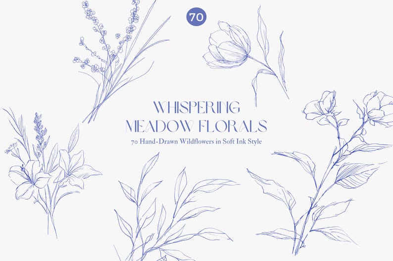 Puede incluir: Ilustraciones florales dibujadas a mano en tinta azul, incluyendo lavanda, lirios y un tulip&aacute;n. La imagen presenta el texto "Whispering Meadow Florals" y el n&uacute;mero 70. El estilo es suave y delicado.