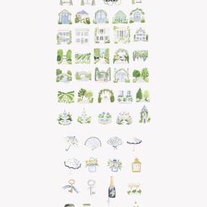 May include: A collection of watercolor clipart featuring various romantic countryside elements. The illustrations include houses, arches, fountains, umbrellas, fans, and floral arrangements. The color palette is soft, with shades of blue, green, and white. Text at the bottom reads: "Romantic Watercolor Clipart Inspired by Countryside Charm and Vintage."