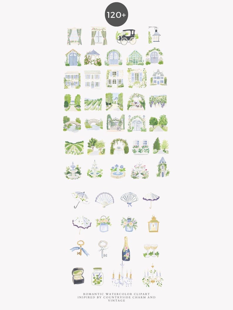 May include: A collection of watercolor clipart featuring various romantic countryside elements. The illustrations include houses, arches, fountains, umbrellas, fans, and floral arrangements. The color palette is soft, with shades of blue, green, and white. Text at the bottom reads: "Romantic Watercolor Clipart Inspired by Countryside Charm and Vintage."