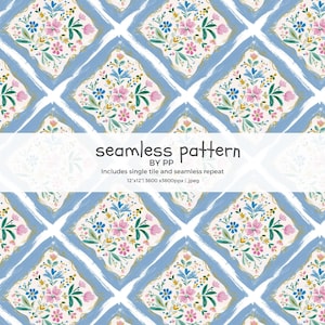 sömlöst mönster av blått gitterplattor, handmålad blommig keramisk design, upprepning av europeiska stugplattor, shabby chic-ytamönster, digitalt