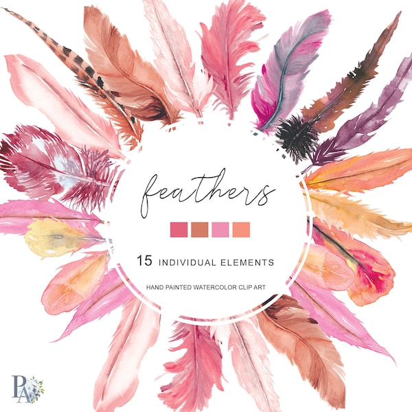 Plumes d’aquarelle, Clipart de plumes rose rougissant, Plumes colorées, Clipart de plumes d’aquarelle, Éléments séparés Clipart peint à la main PNG