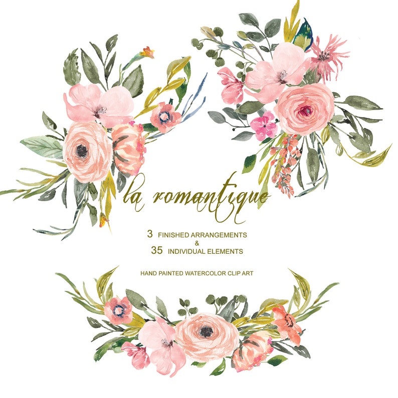 La Romantique* Blush Flowers Clipart Watercolor Romantic Florals Elements Hand Painted Wedding Decor #S66