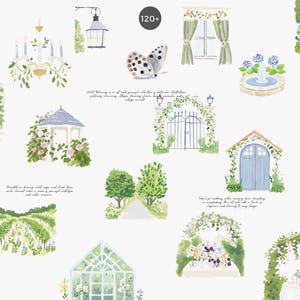 May include: Watercolor illustrations of garden scenes, including a gazebo, archways, a fountain, and a carriage. The image features a butterfly and text that reads "120+". The color palette includes greens, blues, and pinks.