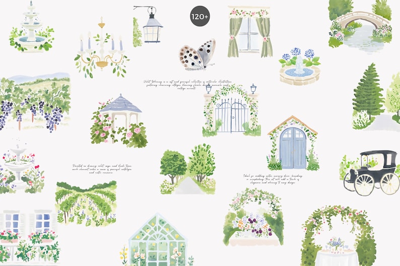 May include: Watercolor illustrations of garden scenes, including a gazebo, archways, a fountain, and a carriage. The image features a butterfly and text that reads "120+". The color palette includes greens, blues, and pinks.