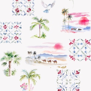 May include: Watercolor clipart collection featuring Moroccan-inspired designs. Includes illustrations of palm trees, desert landscapes with camels, floral tile patterns, and a dove. The text reads: EXQUISITE HAND-PAINTED CLIPART COLLECTION INSPIRED BY MOROCCAN ARCHITECTURE, RUGS, AND NATURE.