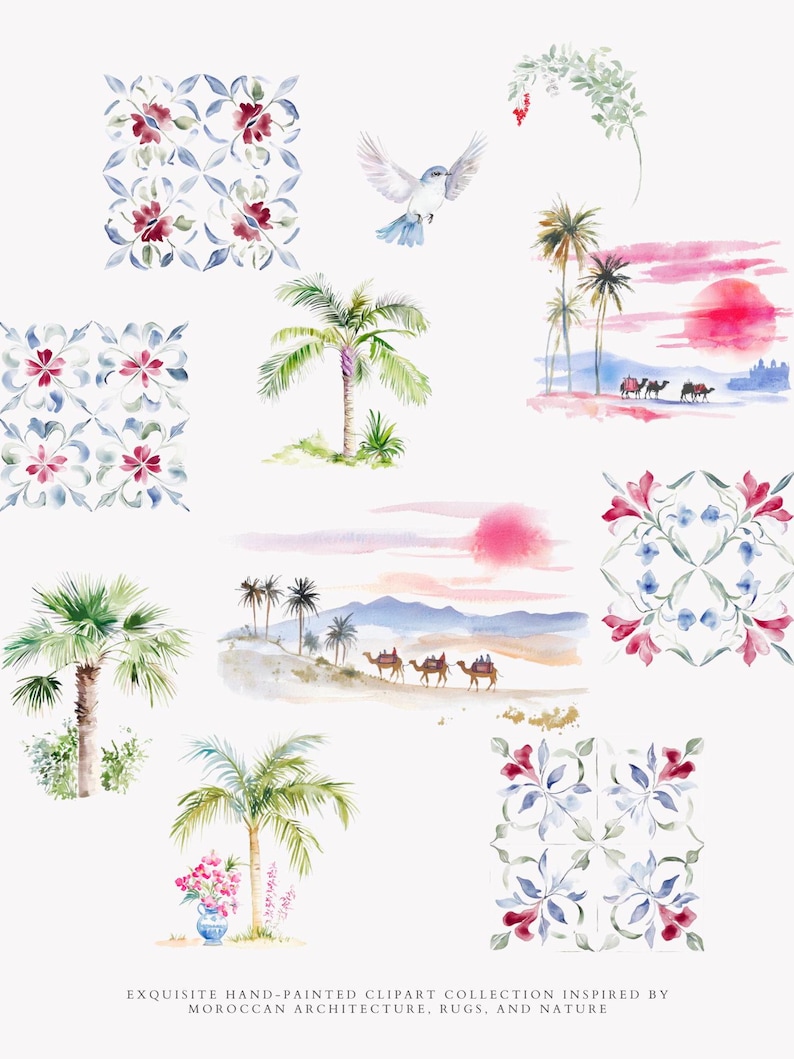 May include: Watercolor clipart collection featuring Moroccan-inspired designs. Includes illustrations of palm trees, desert landscapes with camels, floral tile patterns, and a dove. The text reads: EXQUISITE HAND-PAINTED CLIPART COLLECTION INSPIRED BY MOROCCAN ARCHITECTURE, RUGS, AND NATURE.