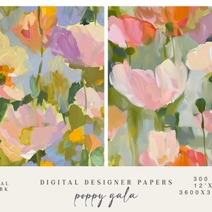 May include: Digital designer papers with an abstract floral design. The artwork displays poppies in pink, orange, yellow, and purple, set against a soft green and blue background. The text "poppy gala" is included.