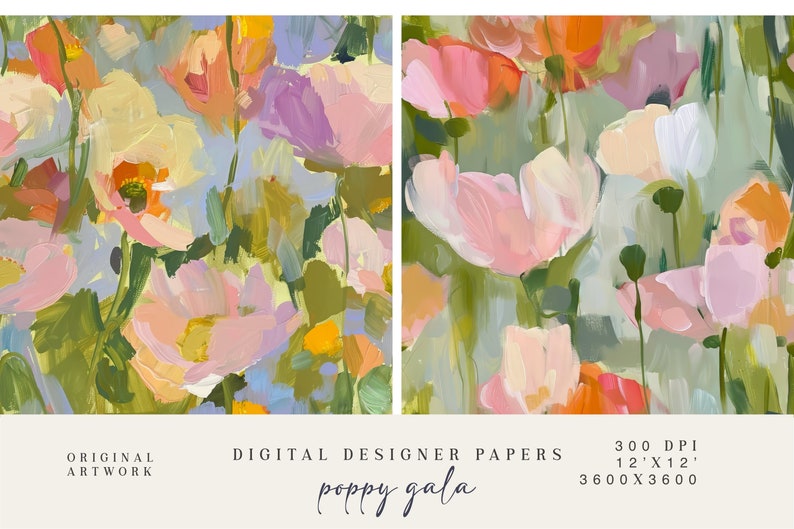 May include: Digital designer papers with an abstract floral design. The artwork displays poppies in pink, orange, yellow, and purple, set against a soft green and blue background. The text "poppy gala" is included.