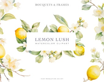 watercolor lemon clipart png, lemon bouquet twig and floral wreath illustrations, watercolor lemons with frames and flowers digital download