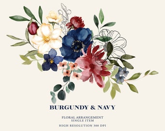 burgundy & navy watercolor flowers clipart - bouquet clipart - burgundy peony clipart - floral composition - wedding decor - eucalyptus leaf