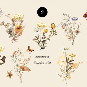 May include: Nine watercolour bouquets of wildflowers with butterflies. The bouquets are in shades of brown, yellow, white, and pink. The text "BOUQUETS Patishop Art" is at the bottom of the image.