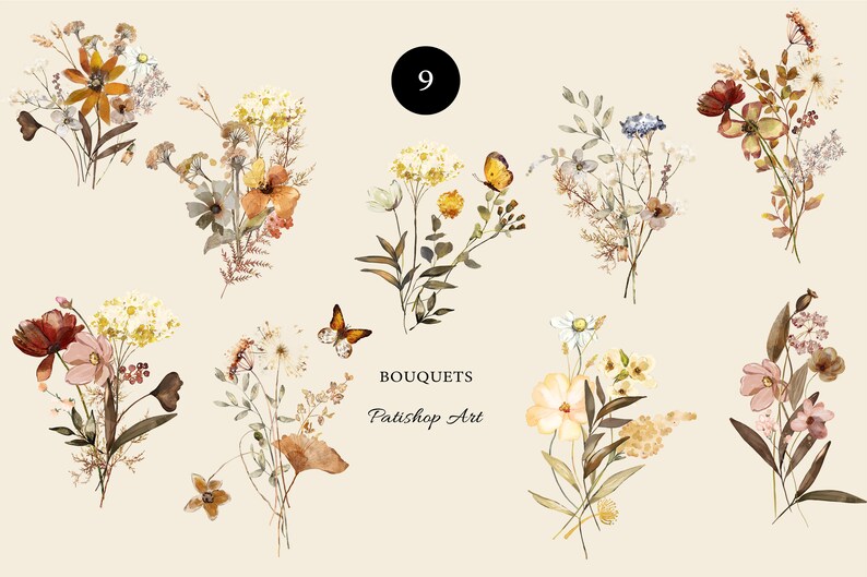 May include: Nine watercolour bouquets of wildflowers with butterflies. The bouquets are in shades of brown, yellow, white, and pink. The text "BOUQUETS Patishop Art" is at the bottom of the image.