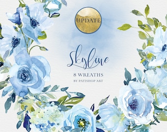 blue floral watercolor clipart - flower frame clipart - wildflower border - watercolor greenery wreath  - dusty blue wedding botanicals png