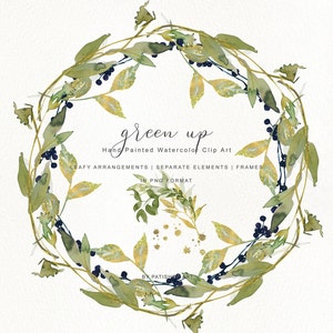 watercolor leafy arrangements - watercolor greenery - fresh greenery - golden leaf clipart - leafy frame clipart - foliage clipart png