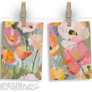 May include: Two rectangular art prints depicting a floral pattern of pink, orange, and yellow flowers, suspended by wooden pegs against a white backdrop. The text at the bottom states the floral pattern can be printed and used for various DIY crafts.