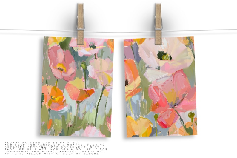 May include: Two rectangular art prints depicting a floral pattern of pink, orange, and yellow flowers, suspended by wooden pegs against a white backdrop. The text at the bottom states the floral pattern can be printed and used for various DIY crafts.