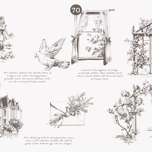 Puede incluir: Una colecci&oacute;n de ilustraciones vintage que representan un invernadero, una ventana con cortinas, un p&aacute;jaro, una casa, un enrejado y un ramo de flores. Las ilustraciones est&aacute;n dibujadas en blanco y negro y tienen un estilo delicado y rom&aacute;ntico.