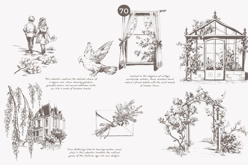 Puede incluir: Una colecci&oacute;n de ilustraciones vintage que representan un invernadero, una ventana con cortinas, un p&aacute;jaro, una casa, un enrejado y un ramo de flores. Las ilustraciones est&aacute;n dibujadas en blanco y negro y tienen un estilo delicado y rom&aacute;ntico.