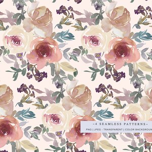 May include: A seamless pattern featuring watercolor illustrations of pink, beige, and purple roses with green leaves on a light pink background.