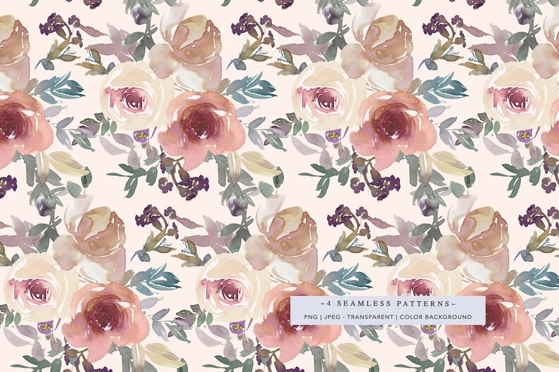 May include: A seamless pattern featuring watercolor illustrations of pink, beige, and purple roses with green leaves on a light pink background.