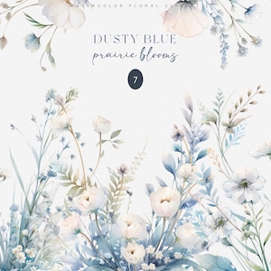 May include: Watercolour illustration of a bouquet of dusty blue and white flowers. The flowers are arranged in a loose, natural style, and the background is a soft white. The text "DUSTY BLUE prairie blooms 7" is written in black at the top of the image.