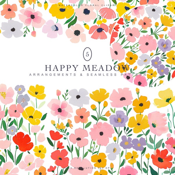 colorful summer floral clipart - watercolor flowers floral bouquet clipart - meadow flowers clipart - colorful wall art - seamless pattern