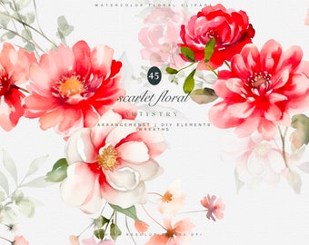 watercolor floral clipart - red and white flowers - wedding clipart -  floral clipart - watercolor flowers - peony clipart - flowers clipart