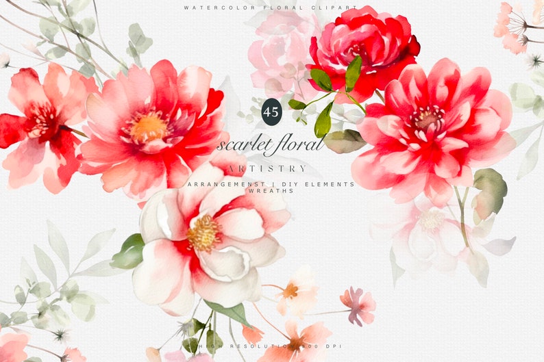 Clipart floreale dell'acquerello fiori rossi e bianchi clipart di matrimonio clipart floreale fiori dell'acquerello clipart di peonia clipart di fiori immagine 1