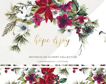 watercolor Christmas clipart - burgundy rose clipart - evergreen clipart - Christmas clipart - holiday season - wedding bouquet clipart png