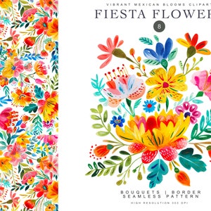 カラフルなフィエスタの花のクリップアート - 水彩画の花の花束のクリップアート - メキシコの花のクリップアート - キンセアニェーラとスイート16 - 民族の花