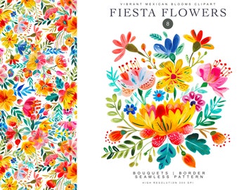 colorful fiesta floral clipart - watercolor flowers floral bouquet clipart - mexican flowers clipart - quinceañera & sweet 16 -ethnic floral