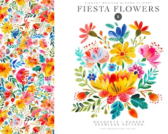 colorful fiesta floral clipart - watercolor flowers floral bouquet clipart - mexican flowers clipart - quinceañera & sweet 16 -ethnic floral