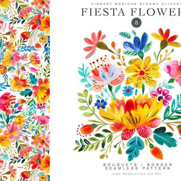 Clipart floral fiesta coloré - clipart fleurs aquarelle bouquet floral - clipart fleurs mexicaines - quinceañera & sweet 16 - floral ethnique