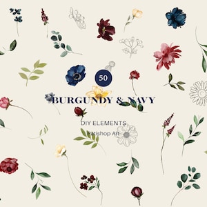 Marine Rosen - Burgunder Pfingstrosen - Floral Clipart - Hochzeitsdeko - Indigo Blumen - Aquarell Rosen - DIY Elemente - Blumenstrauß Designs png