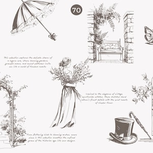 Puede incluir: Una colecci&oacute;n de 70 ilustraciones de inspiraci&oacute;n vintage con delicados dise&ntilde;os florales, una mujer sosteniendo un ramo, un arco de jard&iacute;n, un banco, una mariposa, una taza de t&eacute; y un sombrero de copa. Las ilustraciones est&aacute;n dibujadas en blanco y negro.