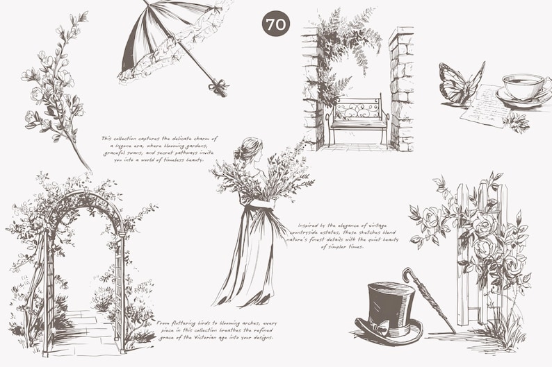 Puede incluir: Una colecci&oacute;n de 70 ilustraciones de inspiraci&oacute;n vintage con delicados dise&ntilde;os florales, una mujer sosteniendo un ramo, un arco de jard&iacute;n, un banco, una mariposa, una taza de t&eacute; y un sombrero de copa. Las ilustraciones est&aacute;n dibujadas en blanco y negro.
