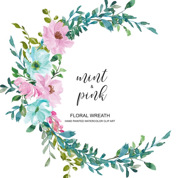 Watercolor Pastel Mint and Pink Flowers Wreath Floral