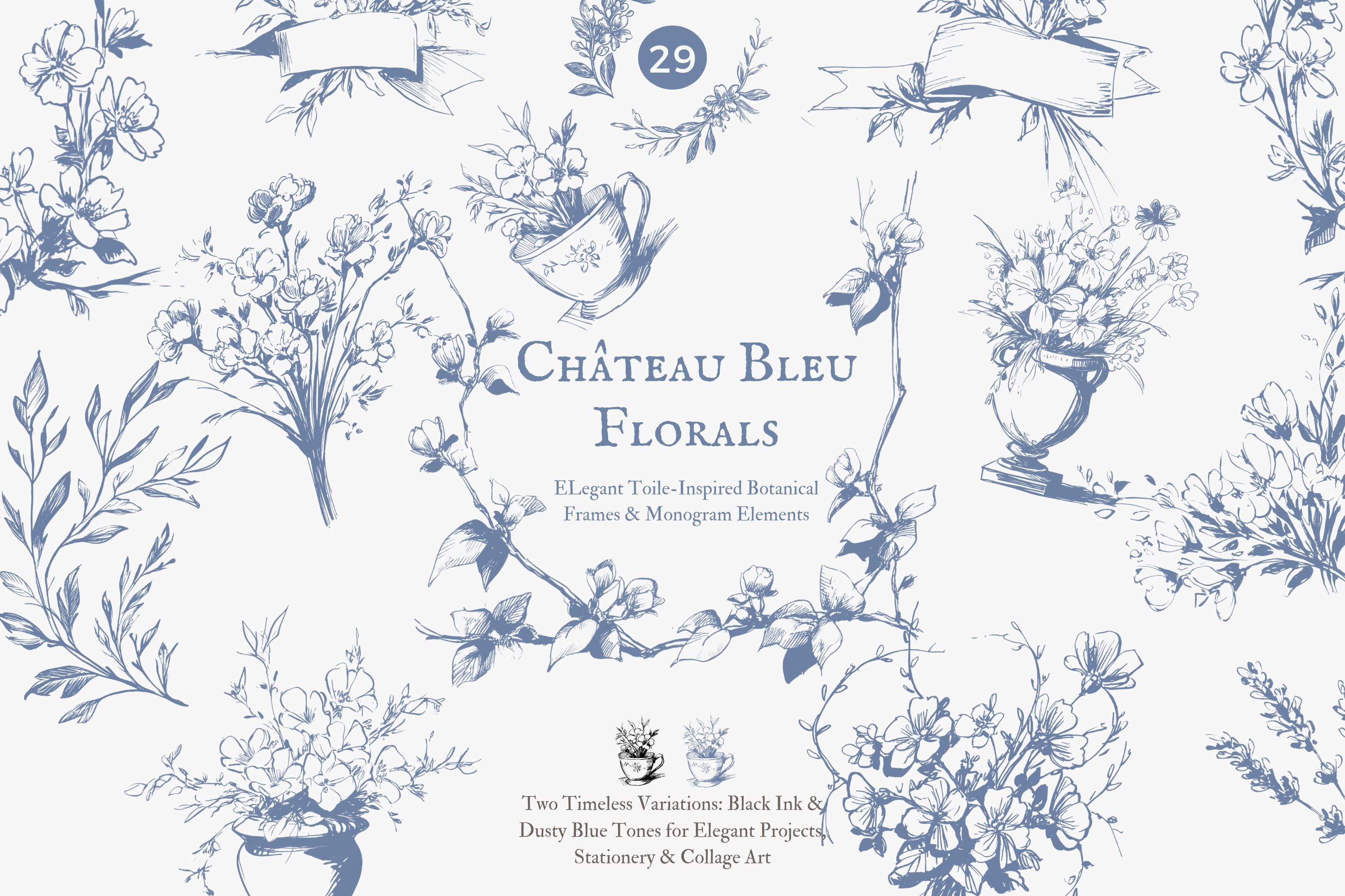 Country Monogram Blue Toile Floral Monogram Frames, French Country Botanical Clipart ...