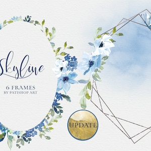 watercolor clipart png, blue white floral bouquets and gold frames, elegant wedding flowers, romantic florals png, digital download, preppy